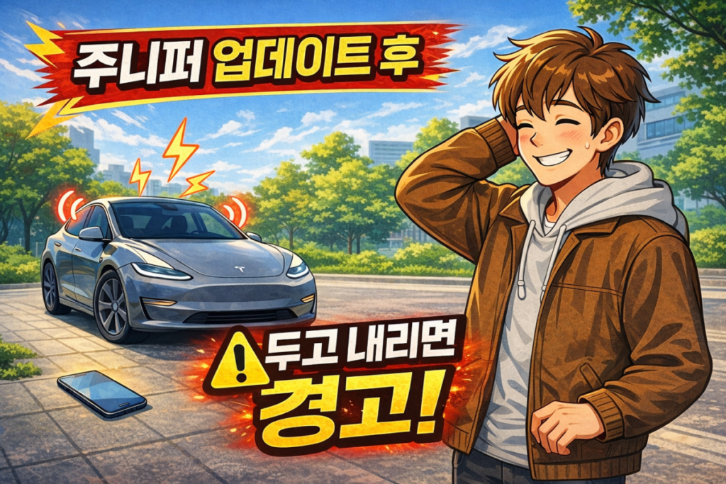 테슬라 주니퍼 업데이트 후 휴대폰 두고 내리면 경고음 울리는 일러스트 이미지