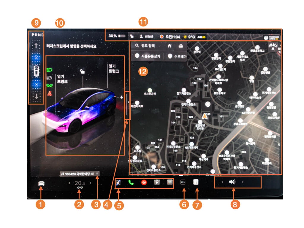 태슬라 모델 Y 주니퍼 터치스크린 각부분별 명칭