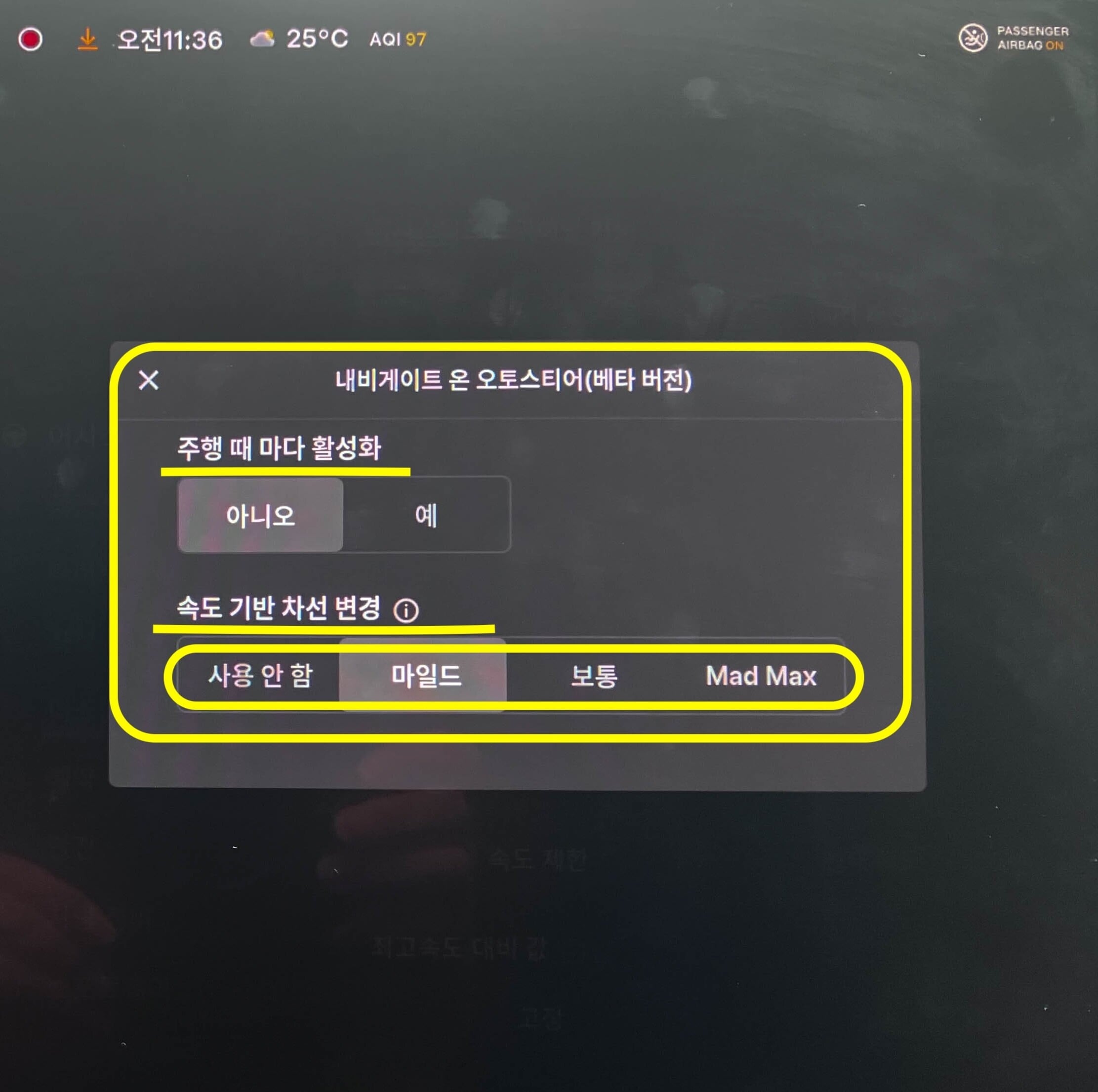 내비게이트 온 오토스티어 사용 옵션