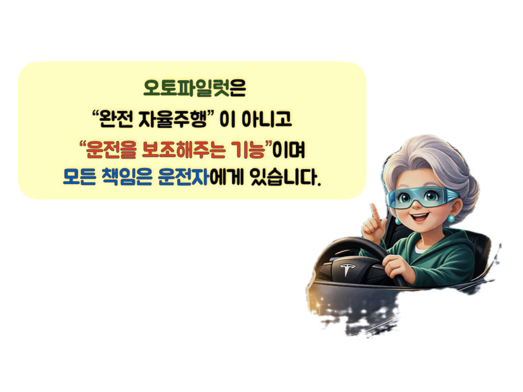 오토파일럿은 "완전자율주행"이 아니고 "운전을 보조해주는 기능"이며 모든책은 운전자에게 있습니다