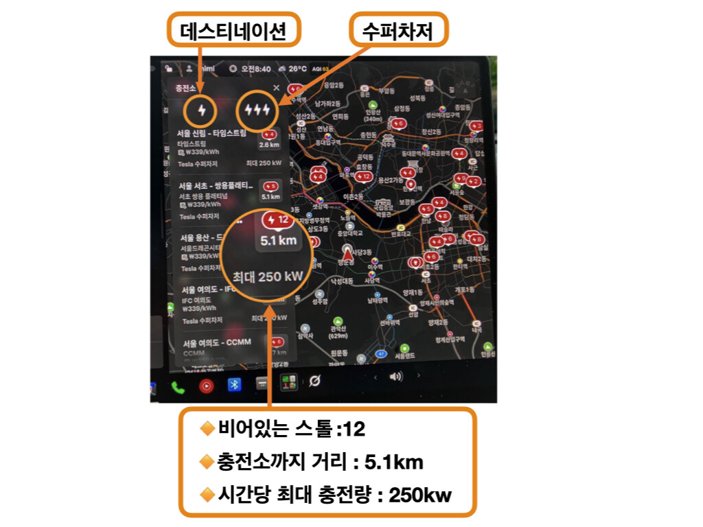 테슬라 터치스크린에 나타난 충전소 목록