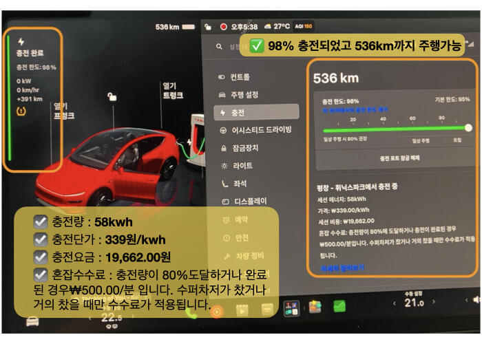 테슬라 수퍼차저 충전완료시 터치스크린 충전요금 정보