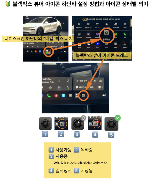 테슬라 Model Y 블랙박스 뷰어 아이콘 하단바 설정 방법과 아이콘 상태별 의미